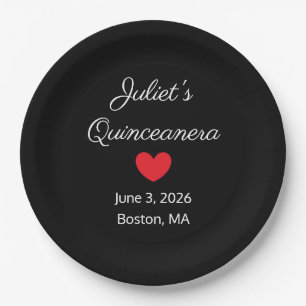 Sweet Letters: White on Black Quinceanera Paper Plate