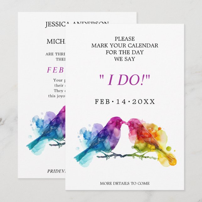 Sweet LGBTQ+  Rainbow Lovebirds Save The Date (Front/Back)
