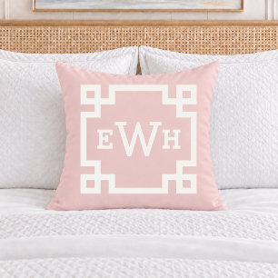 Sweet Light Pink Greek Key Monogram Initial Throw Pillow