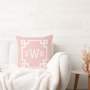 Sweet Light Pink Greek Key Monogram Initial Throw Pillow