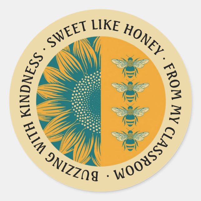 Sweet Like Honey Sunflower Bee Teacher Classic Round Sticker (Front)