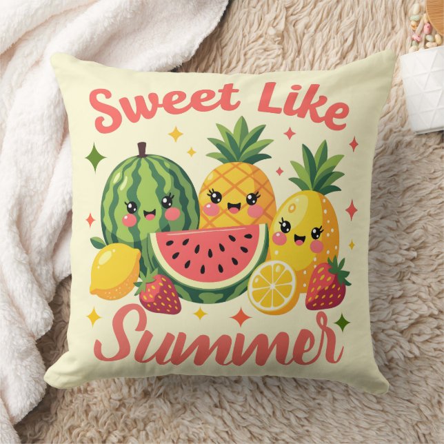 Sweet Like Summer Cute Fruit Friends Throw Pillow (Blanket)