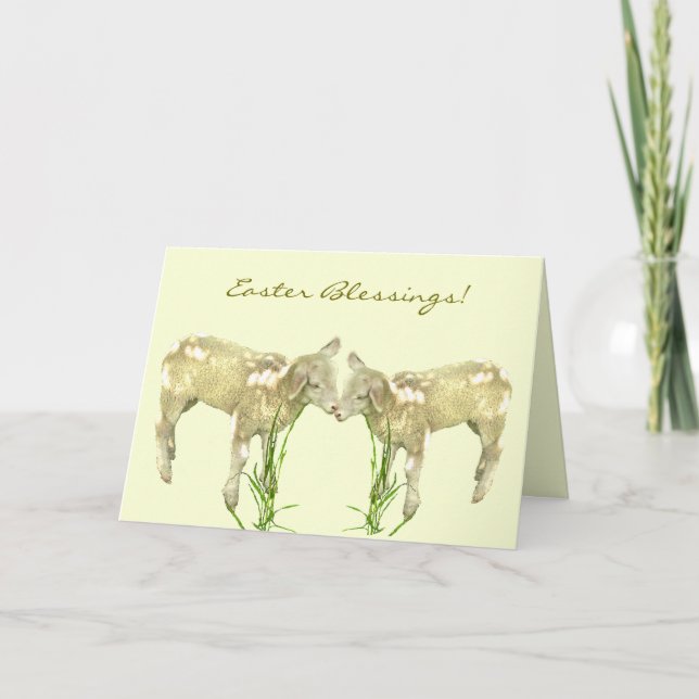 Sweet Little Baby Lambs on Yellow Easter Card (Front)