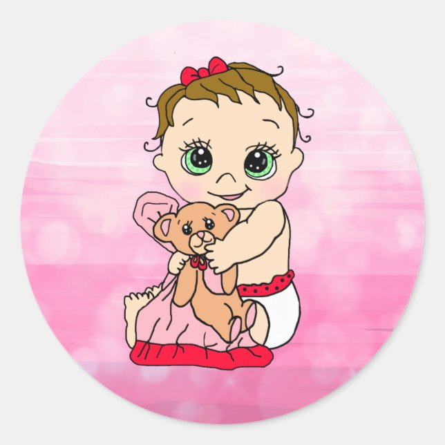 Sweet Little  Baby with Teddy Bear Pink and Red Classic Round Sticker (Front)