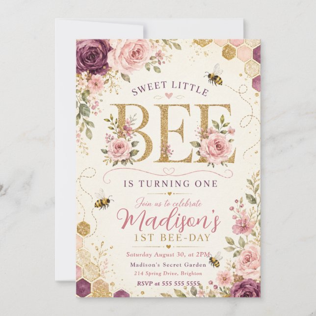 Sweet Little Bee First Birthday Invitation (Front)