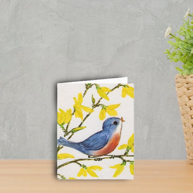Sweet Little Bird Notecard (Little red and blue singing bird on branch yellow flowers on faux textured white notecards.)