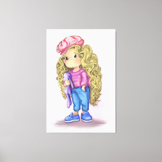 Sweet Little Blonde Girl Bunny Toy Love - Drawing  Canvas Print (Front)