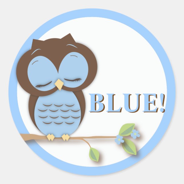 Sweet Little Boy Owl on a Branch Team BLUE! Classic Round Sticker (Front)