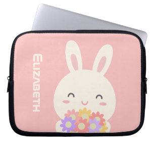 Sweet Little Bunny & Flowers Custom Name Pink Laptop Sleeve