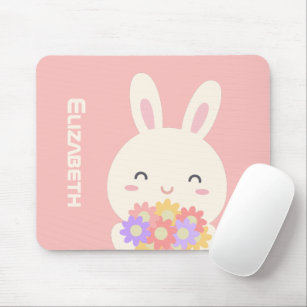 Sweet Little Bunny & Flowers Custom Name Pink Mouse Pad