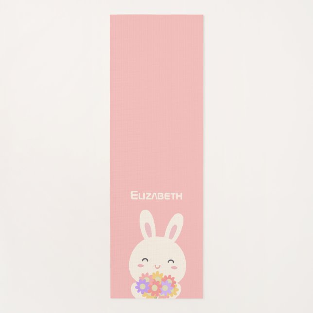 Sweet Little Bunny & Flowers Custom Name Pink Yoga Mat (Front)