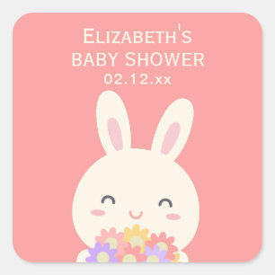 Sweet Little Bunny & Flowers Pink Baby Girl Shower Square Sticker