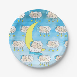 Sweet Little Caucasian Baby Sleeping on the Moon Paper Plate