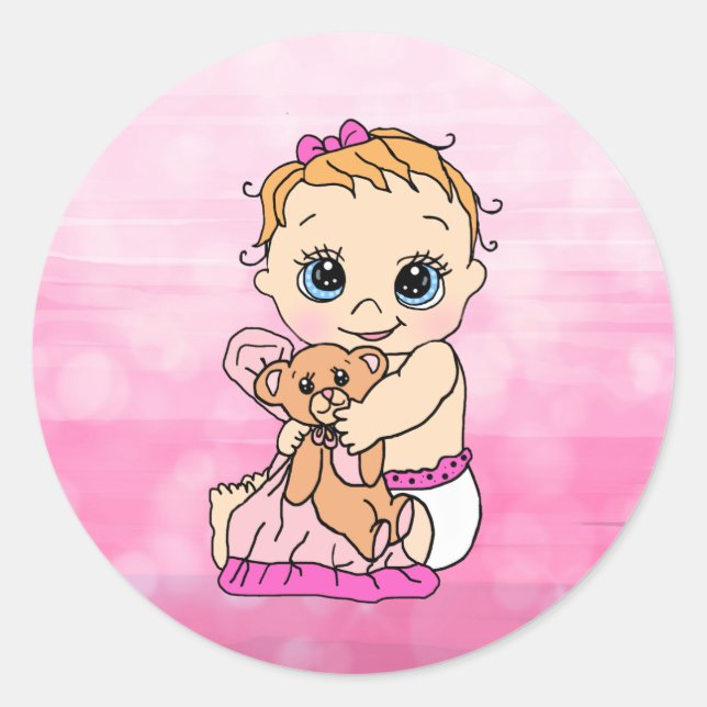 Sweet Little Caucasian Baby with Teddy Bear Classic Round Sticker (Front)