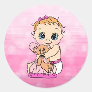 Sweet Little Caucasian Baby with Teddy Bear Classic Round Sticker