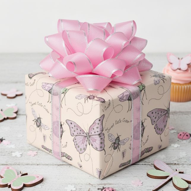 Sweet Little Critter Delicate Blush Pink & Cream Wrapping Paper (Cute Pink Sweet Little Critter Girly Insect Wrapping Paper for Girl Baby Shower & Bug Birthday Party)