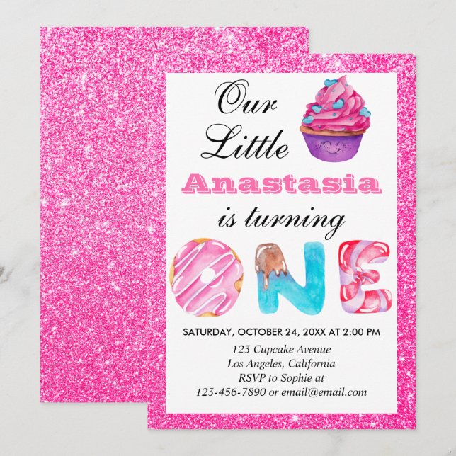 Sweet Little Cupcake Pink Glitter 1st Birthday One Invitation (Front/Back)
