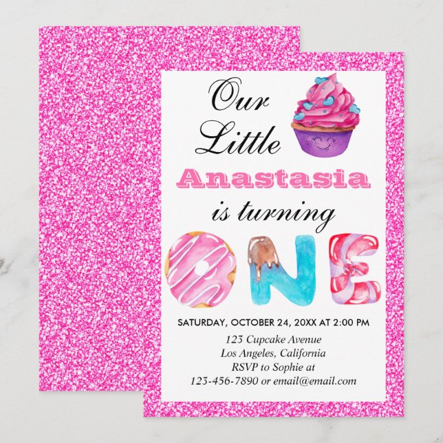 Sweet Little Cupcake Pink Glitter 1st Birthday One Invitation (Front/Back)