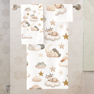 Sweet Little Deer Clouds and Stars Elegant Boho Bath Towel Set