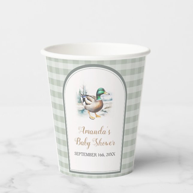 Sweet Little Duckling Mallard Gingham Baby Shower Paper Cups (Front)