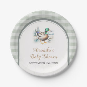 Sweet Little Duckling Mallard Gingham Baby Shower Paper Plate
