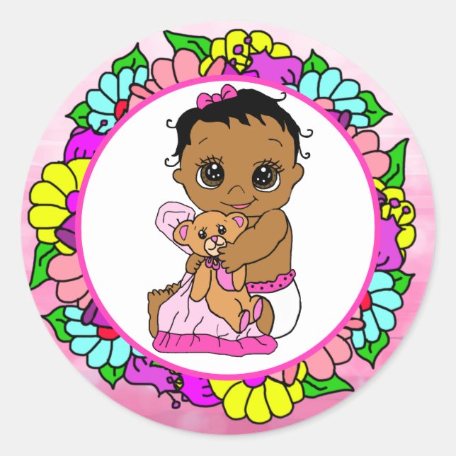 Sweet Little Ethnic Baby with Teddy Bear Floral Classic Round Sticker (Front)