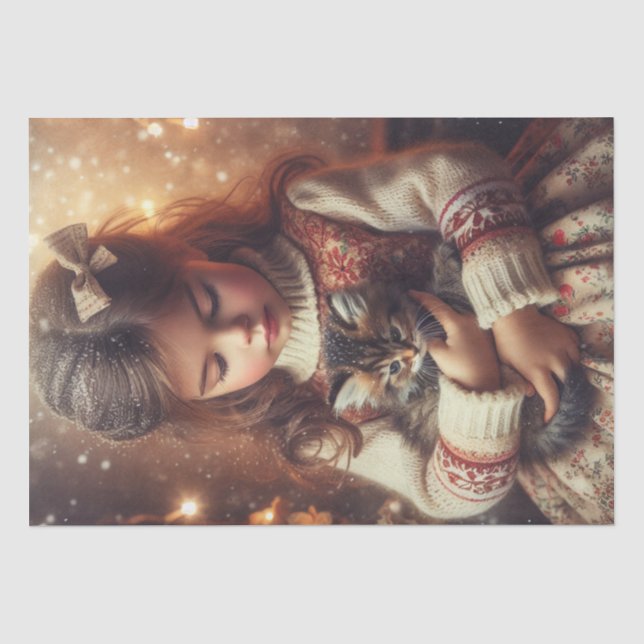 Sweet Little Girl and Kitten Christmas Tissue Paper (Front)