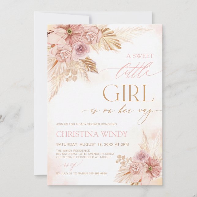 Sweet Little Girl Baby Shower Pampas Party Invites (Front)
