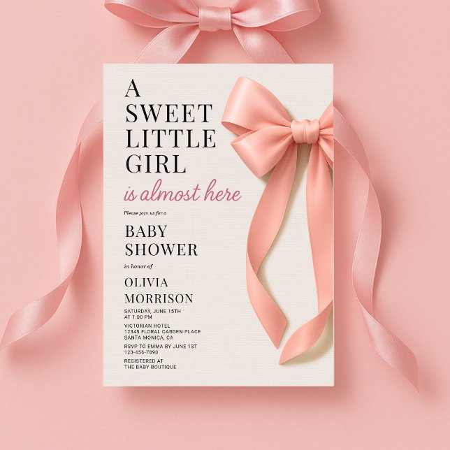 Sweet Little Girl is Almost Here Bow Baby Shower Invitation (Creator Uploaded)