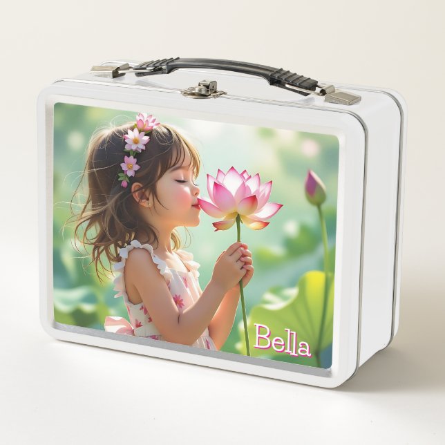Sweet Little Girl Smelling a Flower Personalized Metal Lunch Box (Front)