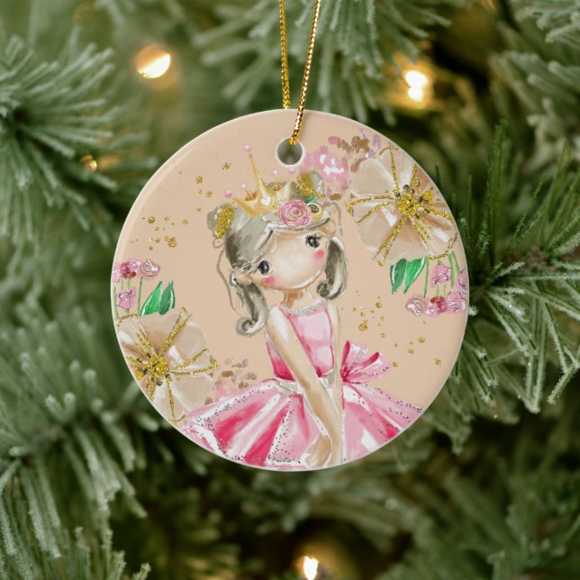 Sweet Little Gold Glitter Blush Ballerina Christma Ceramic Ornament (Tree)