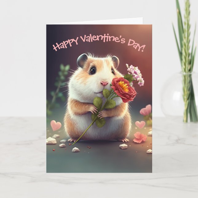 Sweet Little Hamster with Flowers Valentine's Day Holiday Card (Front)