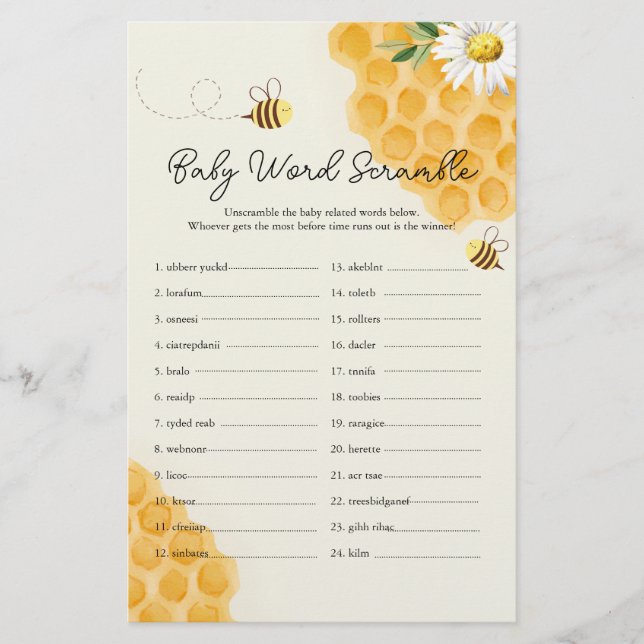 Sweet Little Honey Bee Baby Shower Word Scramble (Front)