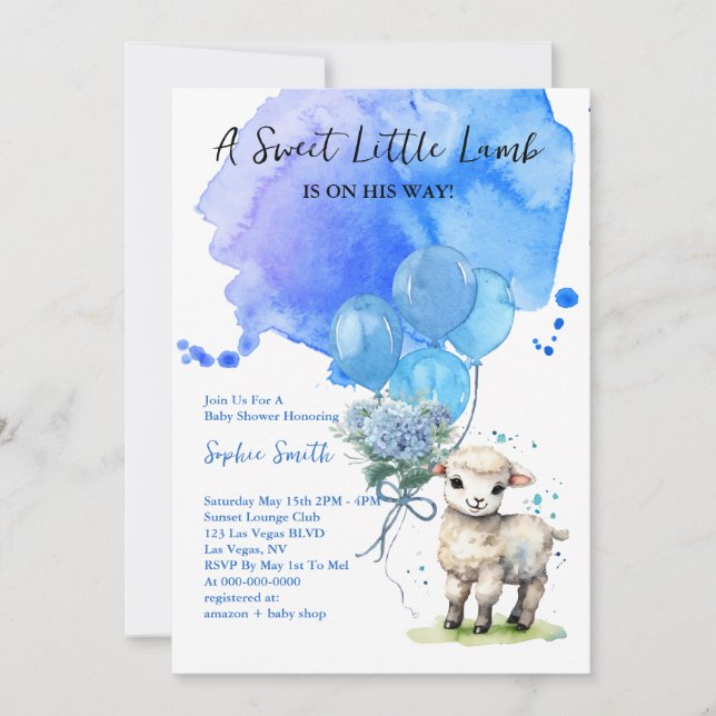 Sweet Little Lamb Baby Shower Blue Watercolor Invitation (Front)