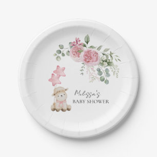 Sweet Little Lamb Girl Pink Roses Flower Greenery Paper Plate