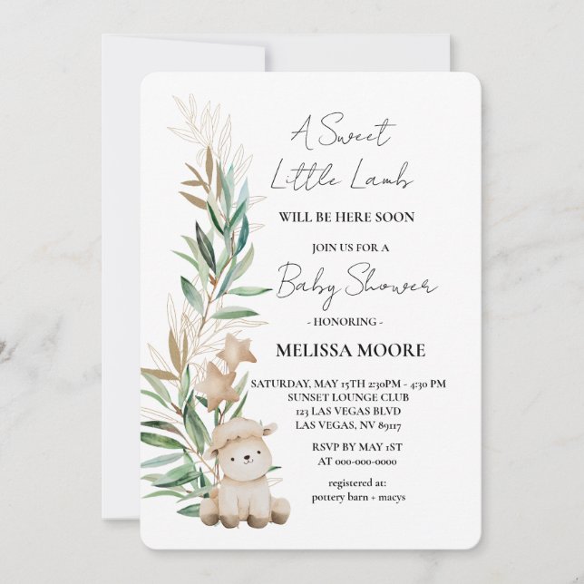 Sweet Little Lamb Greenery baby shower sage green Invitation (Front)
