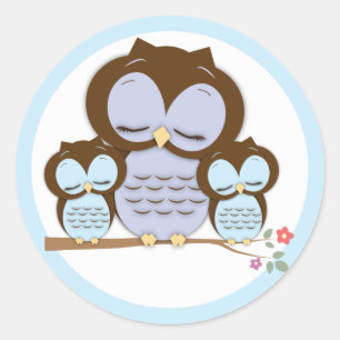 Sweet Little Mama & Twin Baby Owls on a Branch Classic Round Sticker