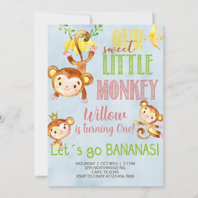 Sweet little monkey any age girl birthday invite. invitation (Front)