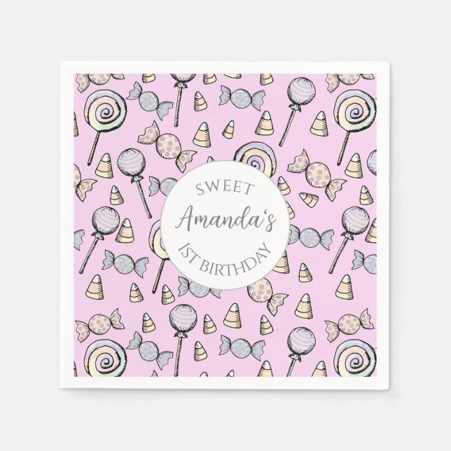 Sweet Little One Candy Theme 1st Birthday Custom Napkin (Front)