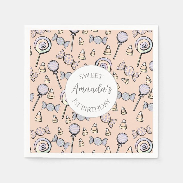 Sweet Little One Candy Theme 1st Birthday Custom Napkin (Front)