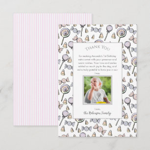 Sweet Little One Candy Theme 1st Birthday Thank You Card