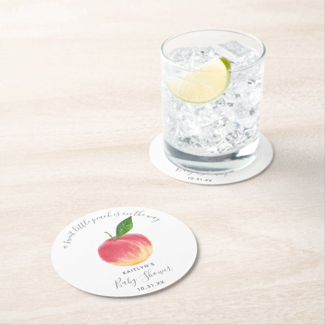 Sweet Little Peach Baby Shower Round Paper Coaster (Insitu)