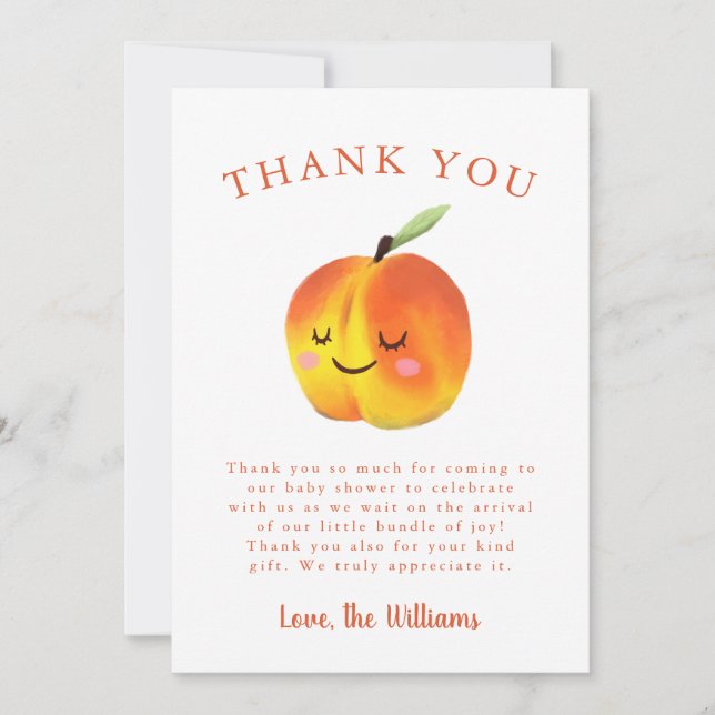 Sweet Little Peach Fruit Girl Baby Shower Thank You Card (Front)