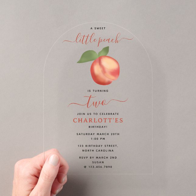 Sweet Little Peach Kids Birthday Party Acrylic Invitations (Insitu (Handheld))