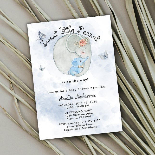 Sweet Little Peanut Cute Elephant Baby Boy Shower Invitation (Creator Uploaded)