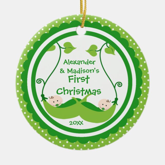 Sweet Little Peas Twin's First Christmas Ornament (Front)