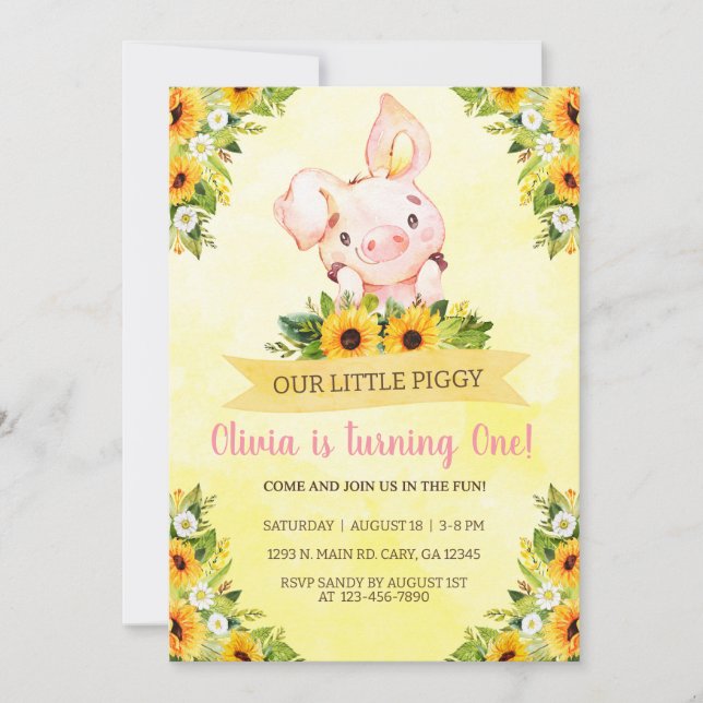 Sweet Little Piggy Pig Girl Birthday Invite. Invit Invitation (Front)