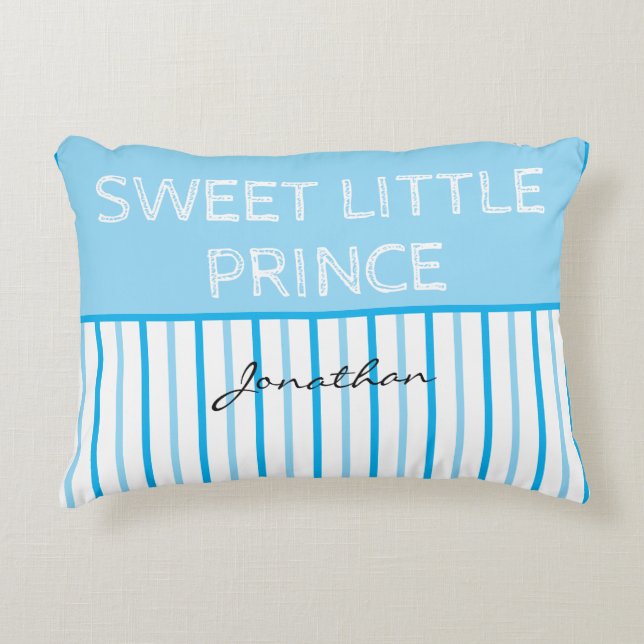 Sweet Little Prince Blue White Stripes Name Accent Pillow (Front)
