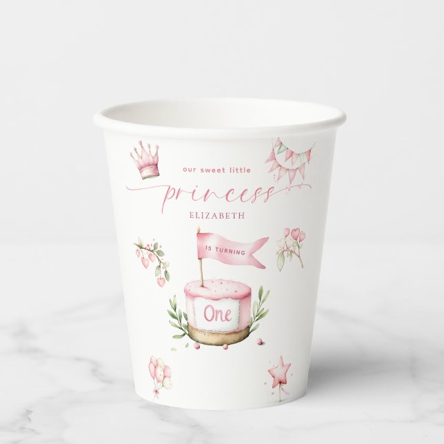 Sweet Little Princess Pink Cake 1st Birthday Paper Cups (Front)