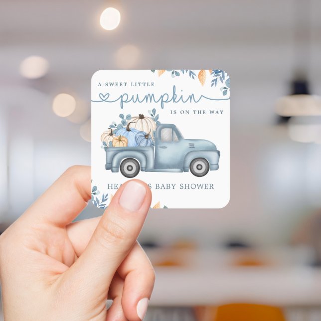 Sweet Little Pumpkin Blue Autumn Baby Shower Square Sticker (Creator Uploaded)